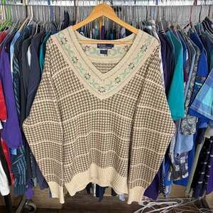 Vintage Polo Ralph Lauren 1987 Plaid Silk Houndstooth Fair Isle V-Neck Sweater S